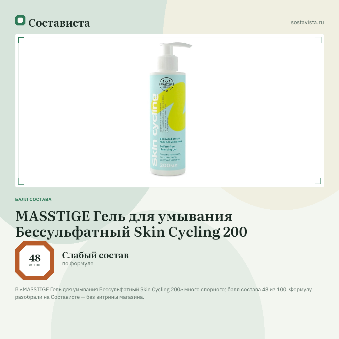 MASSTIGE Гель для умывания Бессульфатный Skin Cycling 200: балл состава 48 из 100 — Состависта