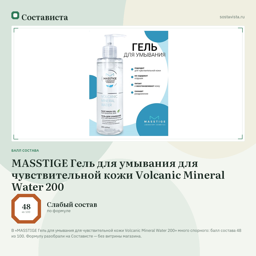 MASSTIGE Гель для умывания для чувствительной кожи Volcanic Mineral Water 200: балл состава 48 из 100 — Состависта