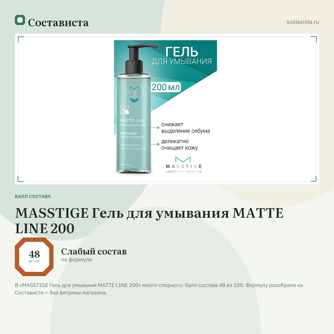 MASSTIGE Гель для умывания MATTE LINE 200: балл состава 48 из 100 — Состависта