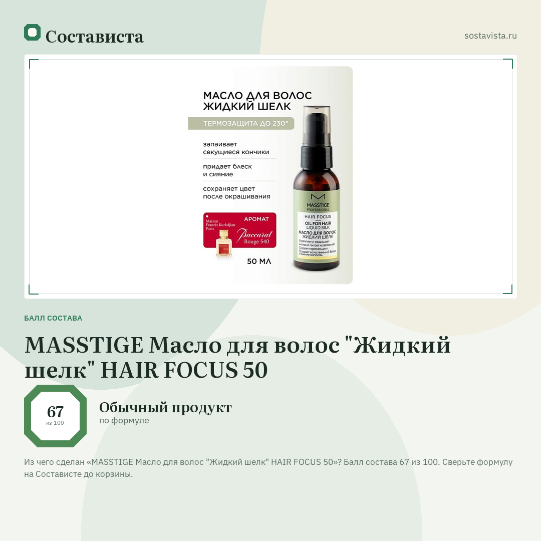 MASSTIGE Масло для волос "Жидкий шелк" HAIR FOCUS 50: балл состава 67 из 100 — Состависта