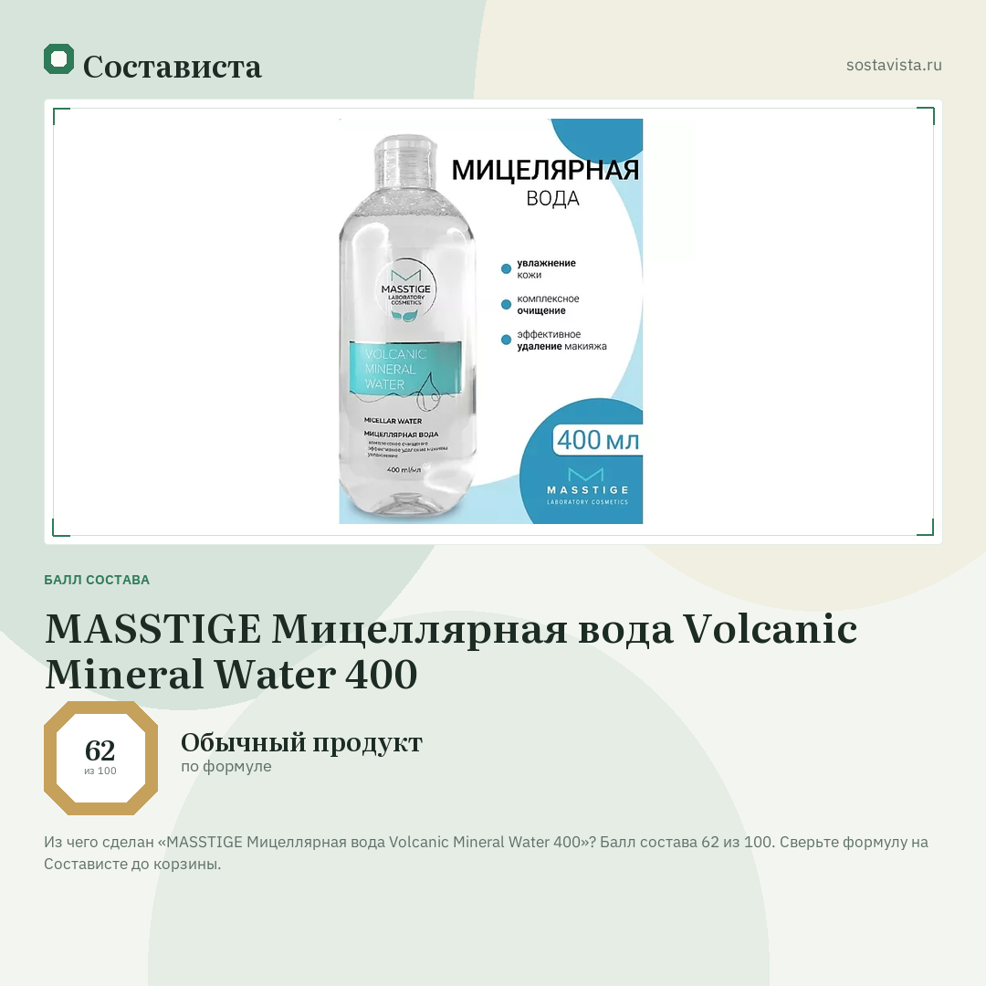 MASSTIGE Мицеллярная вода Volcanic Mineral Water 400: балл состава 62 из 100 — Состависта