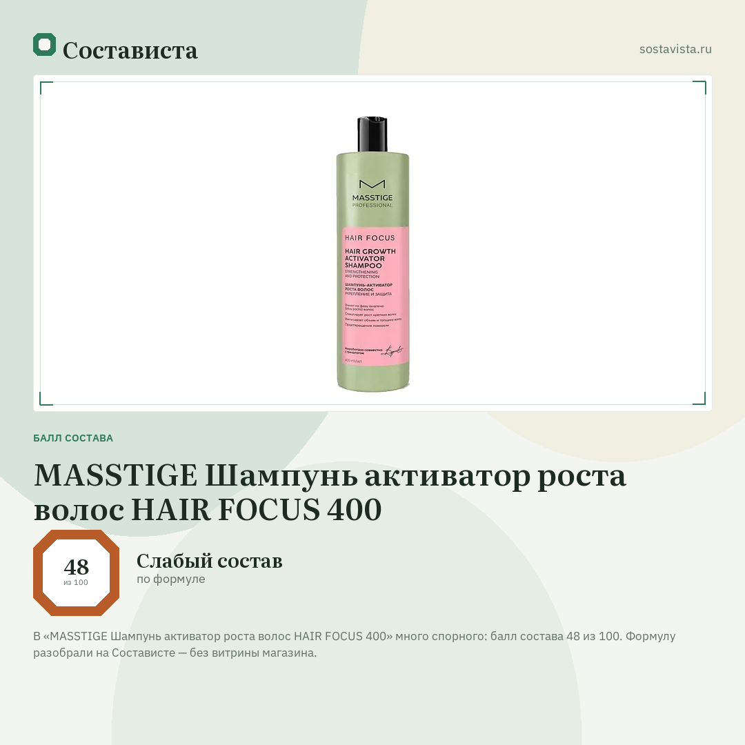 MASSTIGE Шампунь активатор роста волос HAIR FOCUS 400: балл состава 48 из 100 — Состависта