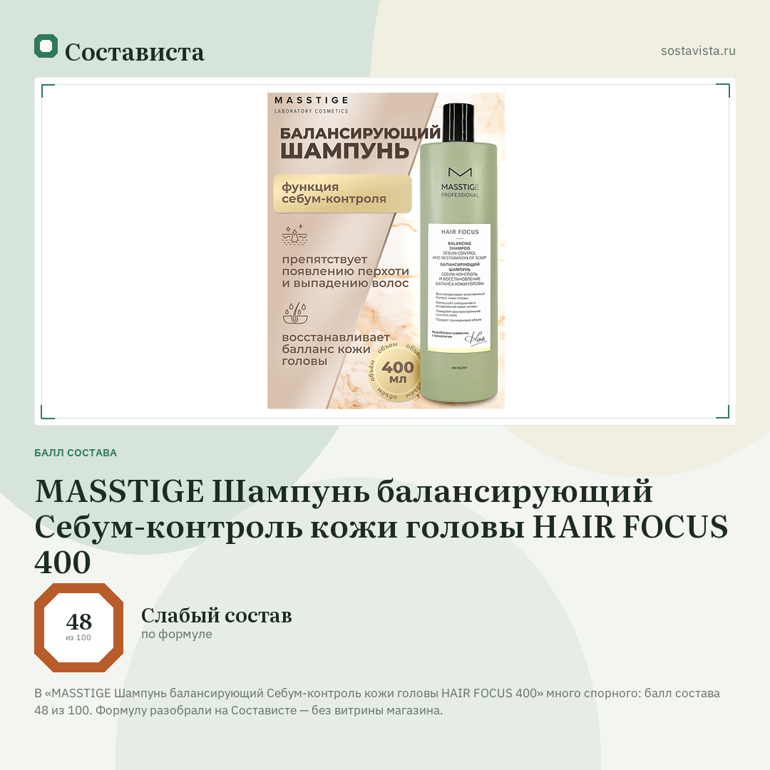 MASSTIGE Шампунь балансирующий Себум-контроль кожи головы HAIR FOCUS 400: балл состава 48 из 100 — Состависта