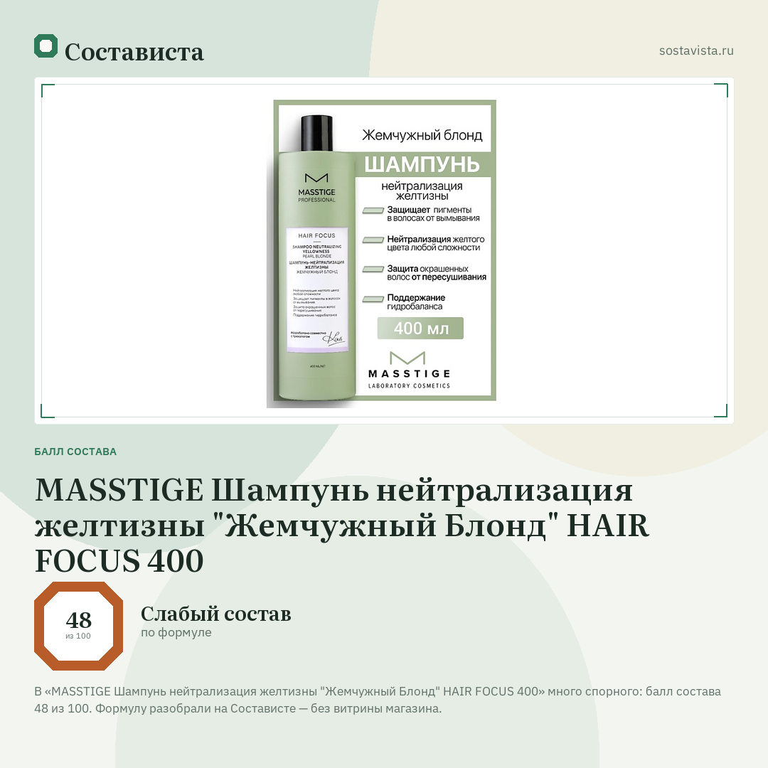 MASSTIGE Шампунь нейтрализация желтизны "Жемчужный Блонд" HAIR FOCUS 400: балл состава 48 из 100 — Состависта