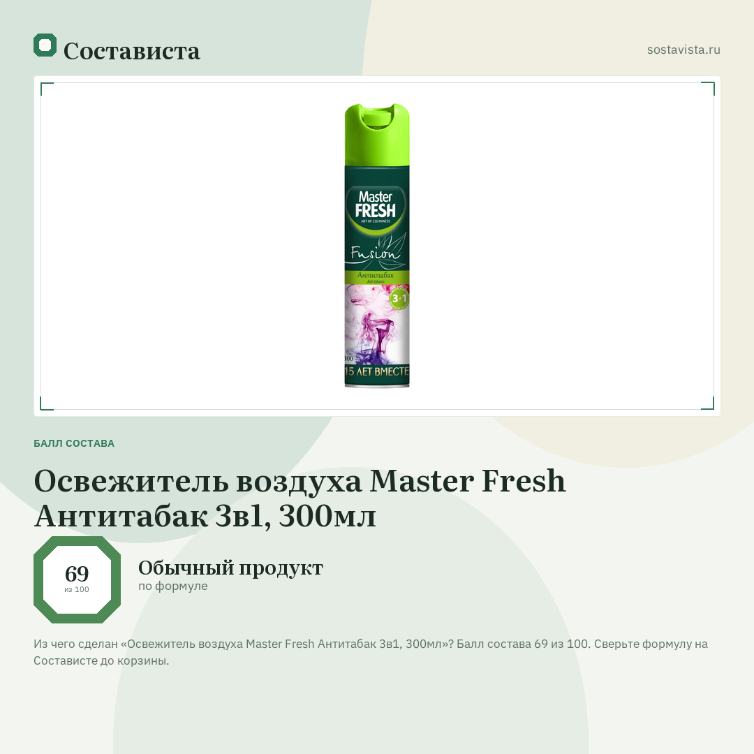 Освежитель воздуха Master Fresh Антитабак 3в1, 300мл: балл состава 69 из 100 — Состависта