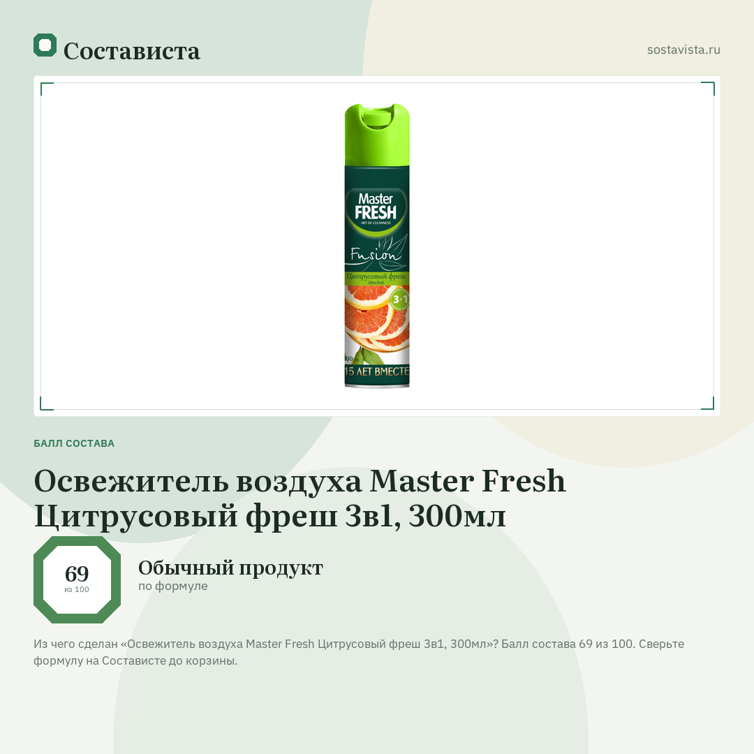 Освежитель воздуха Master Fresh Цитрусовый фреш 3в1, 300мл: балл состава 69 из 100 — Состависта