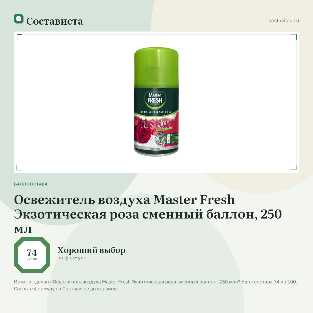 Освежитель воздуха Master Fresh Экзотическая роза сменный баллон, 250 мл: балл состава 74 из 100 — Состависта