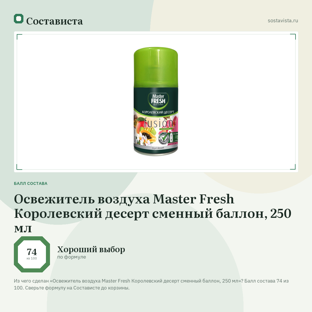 Освежитель воздуха Master Fresh Королевский десерт сменный баллон, 250 мл: балл состава 74 из 100 — Состависта