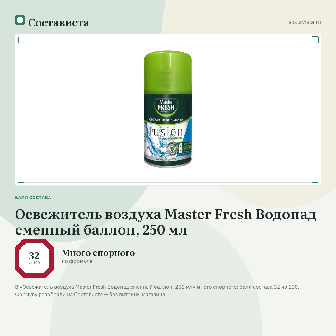 Освежитель воздуха Master Fresh Водопад сменный баллон, 250 мл: балл состава 32 из 100 — Состависта