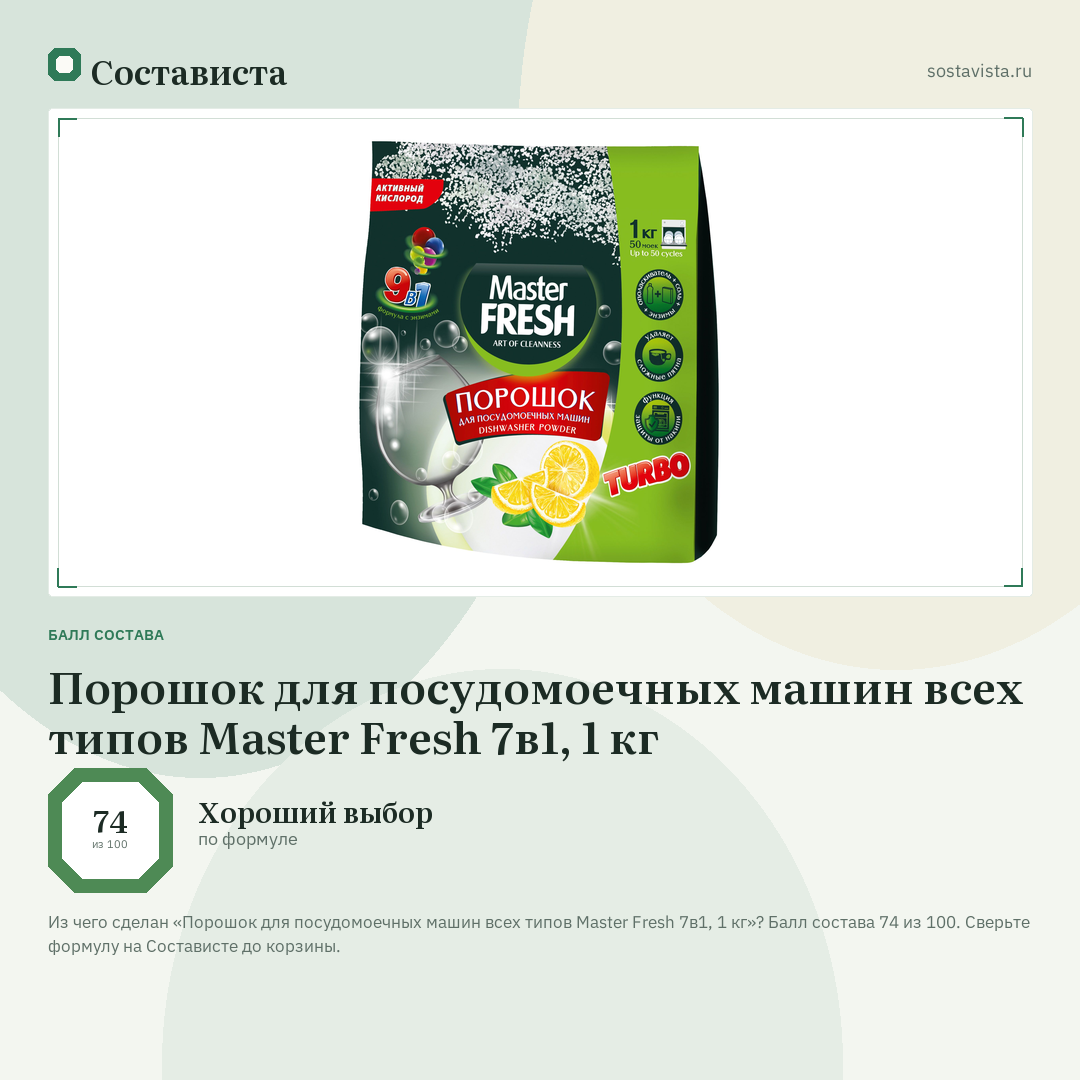 Порошок для посудомоечных машин всех типов Master Fresh 7в1, 1 кг: балл состава 74 из 100 — Состависта