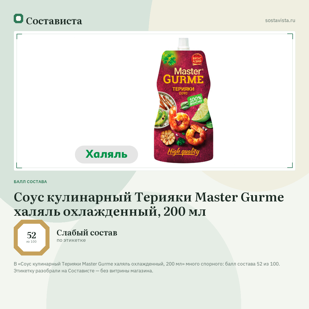 Соус кулинарный Терияки Master Gurme халяль охлажденный, 200 мл: балл состава 52 из 100 — Состависта