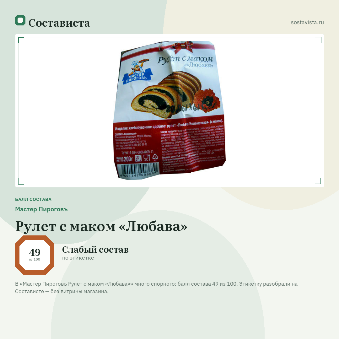 Мастер Пироговъ Рулет с маком «Любава»: балл состава 49 из 100 — Состависта