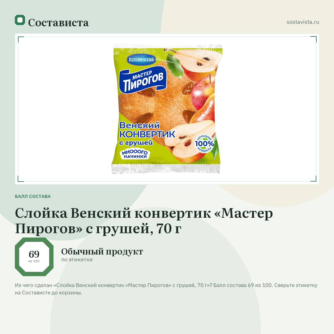 Слойка Венский конвертик «Мастер Пирогов» с грушей, 70 г: балл состава 69 из 100 — Состависта