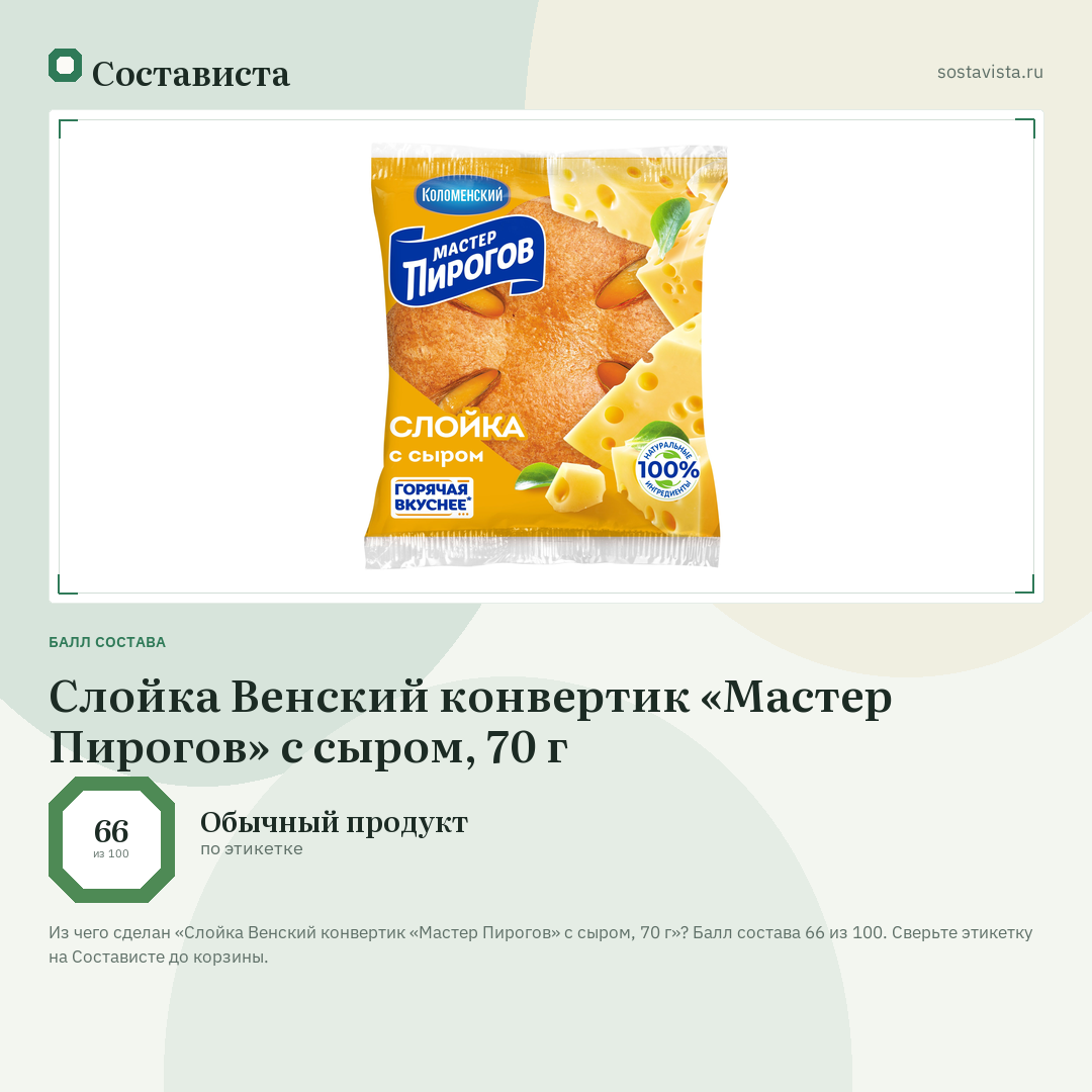 Слойка Венский конвертик «Мастер Пирогов» с сыром, 70 г: балл состава 66 из 100 — Состависта