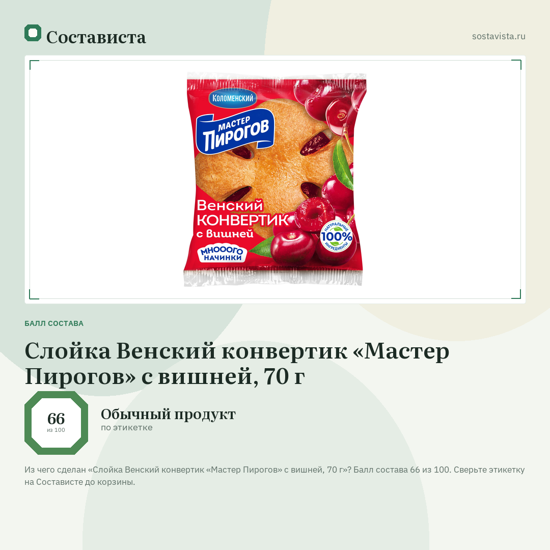 Слойка Венский конвертик «Мастер Пирогов» с вишней, 70 г: балл состава 66 из 100 — Состависта