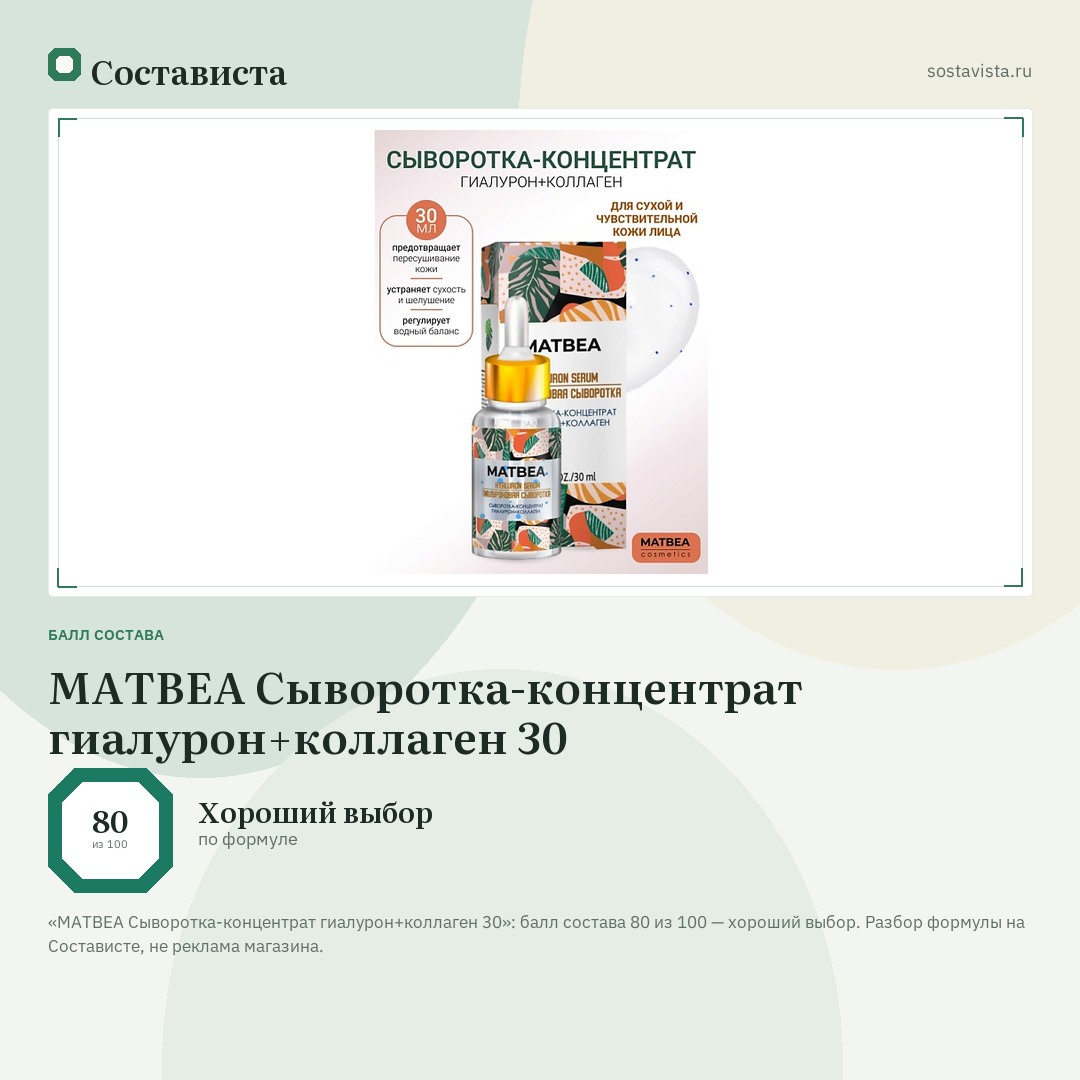 MATBEA Сыворотка-концентрат гиалурон+коллаген 30: балл состава 80 из 100 — Состависта