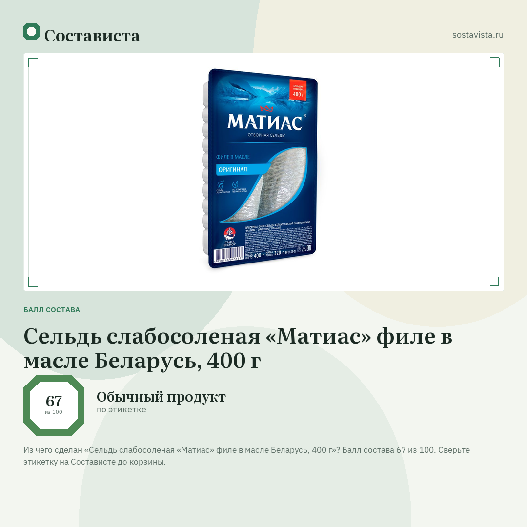 Сельдь слабосоленая «Матиас» филе в масле Беларусь, 400 г: балл состава 67 из 100 — Состависта