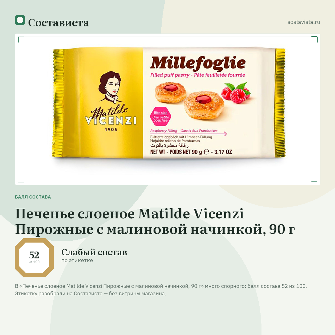 Печенье слоеное Matilde Vicenzi Пирожные с малиновой начинкой, 90 г: балл состава 52 из 100 — Состависта