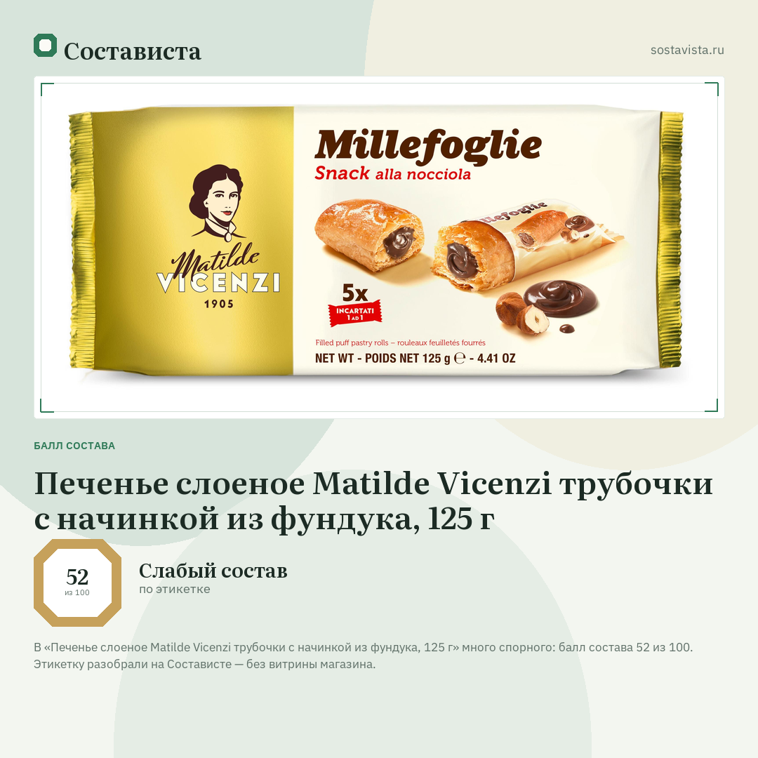 Печенье слоеное Matilde Vicenzi трубочки с начинкой из фундука, 125 г: балл состава 52 из 100 — Состависта
