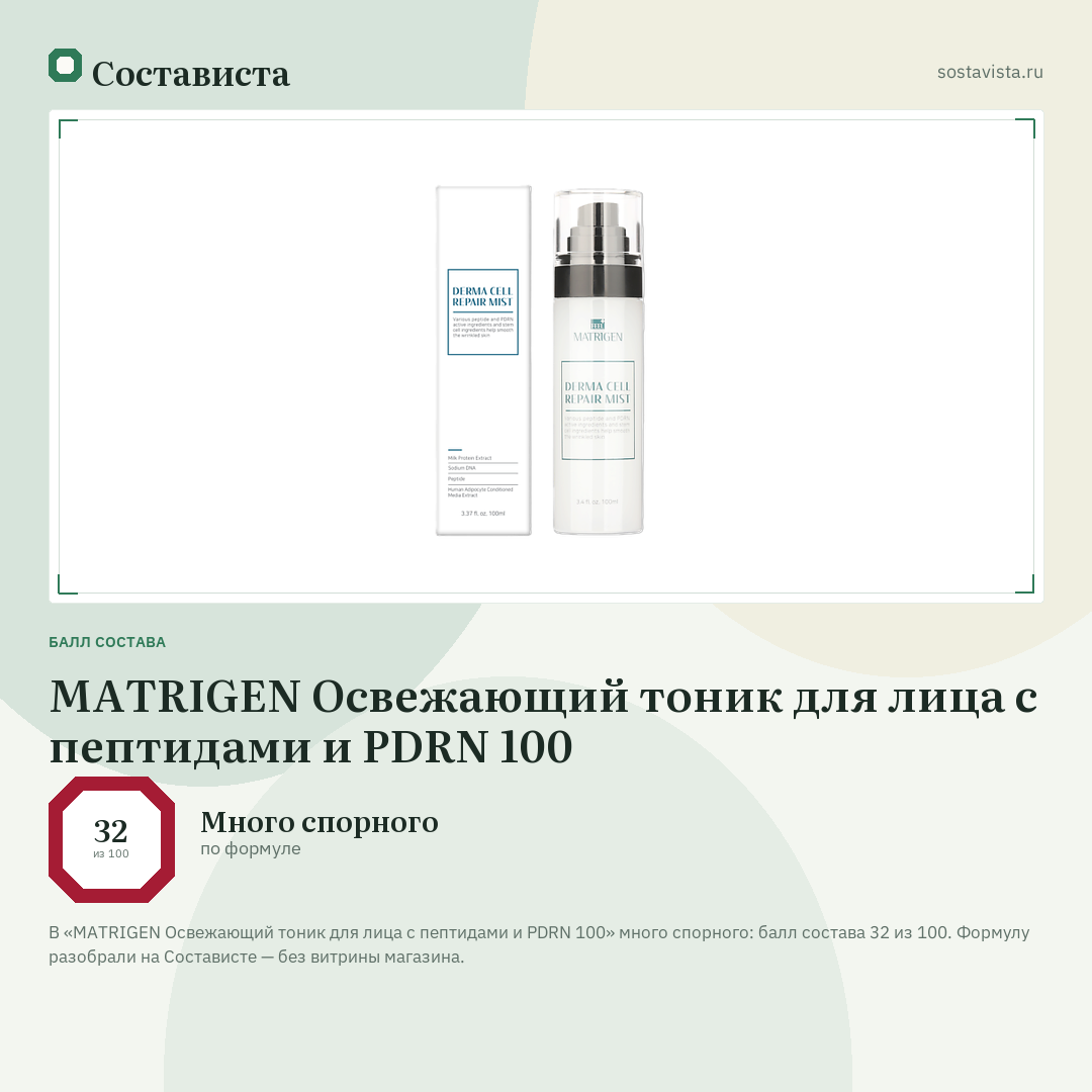 MATRIGEN Освежающий тоник для лица с пептидами и PDRN 100: балл состава 32 из 100 — Состависта