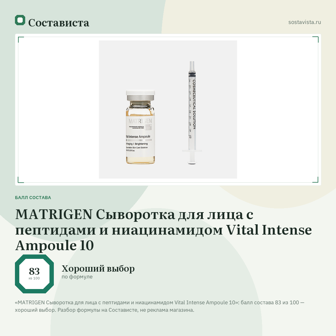 MATRIGEN Сыворотка для лица с пептидами и ниацинамидом Vital Intense Ampoule 10: балл состава 83 из 100 — Состависта