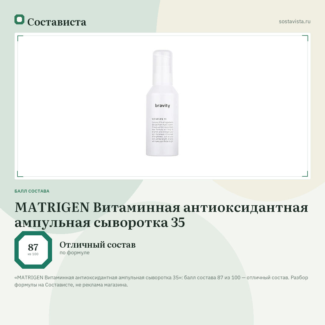 MATRIGEN Витаминная антиоксидантная ампульная сыворотка 35: балл состава 87 из 100 — Состависта