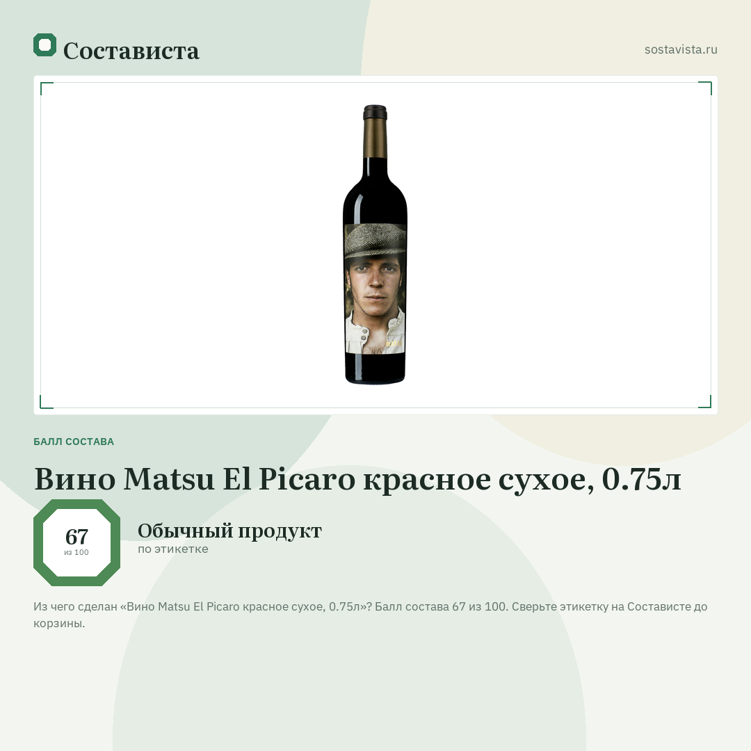 Вино Matsu El Picaro красное сухое, 0.75л: балл состава 67 из 100 — Состависта