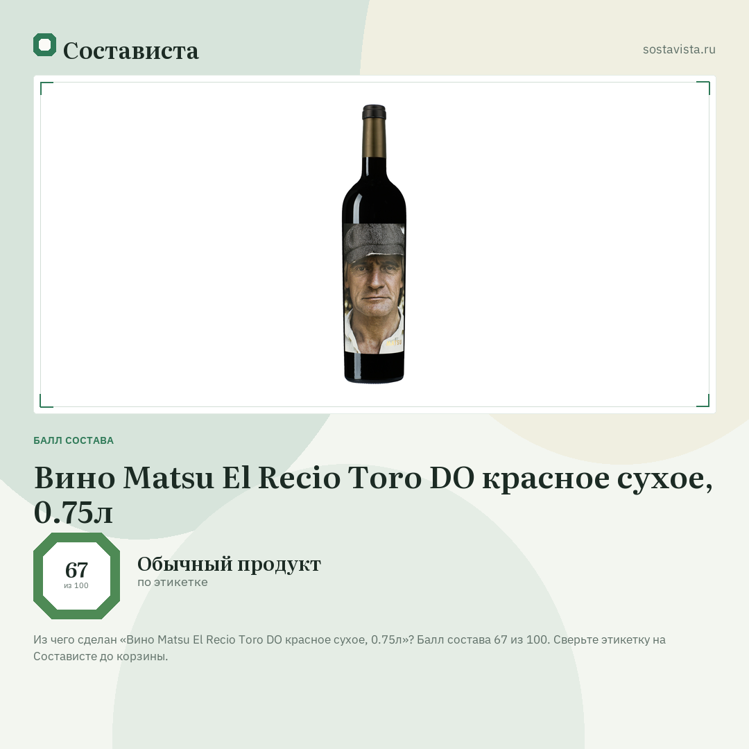 Вино Matsu El Recio Toro DO красное сухое, 0.75л: балл состава 67 из 100 — Состависта