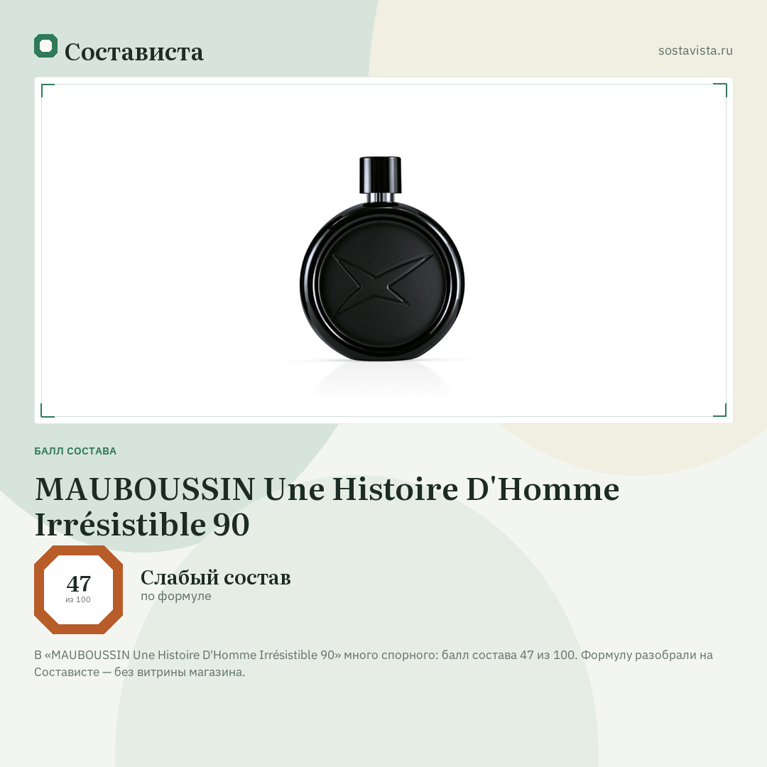 MAUBOUSSIN Une Histoire D'Homme Irrésistible 90: балл состава 47 из 100 — Состависта