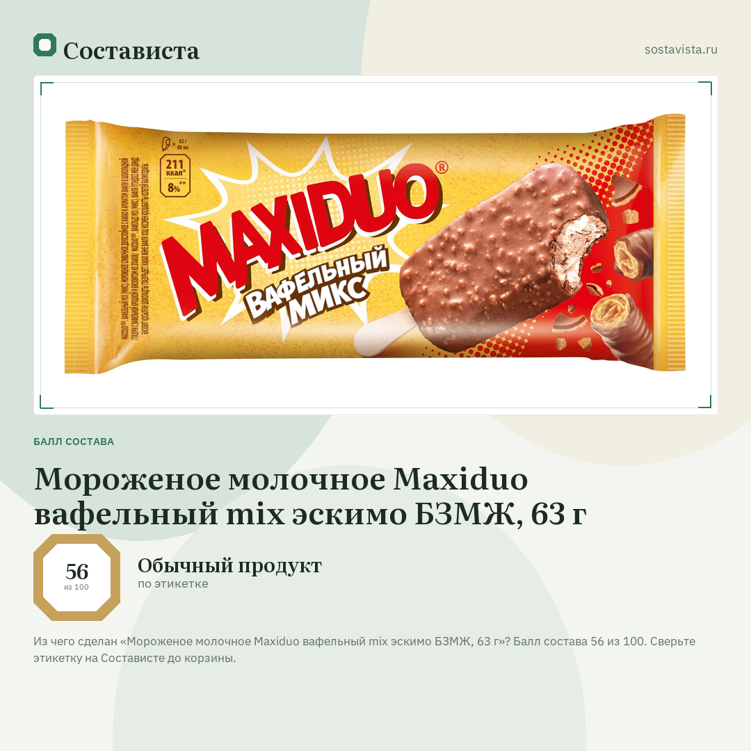 Мороженое молочное Maxiduo вафельный mix эскимо БЗМЖ, 63 г: балл состава 56 из 100 — Состависта