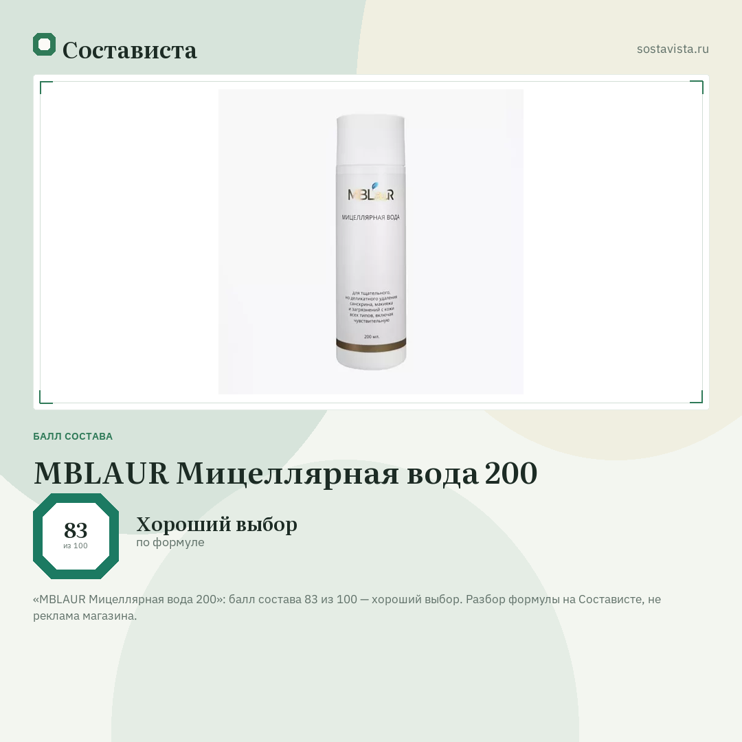 MBLAUR Мицеллярная вода 200: балл состава 83 из 100 — Состависта