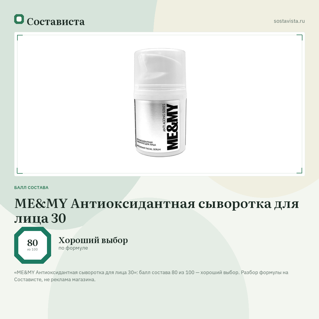 ME&MY Антиоксидантная сыворотка для лица 30: балл состава 80 из 100 — Состависта