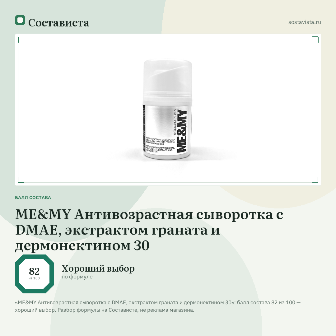 ME&MY Антивозрастная сыворотка с DMAE, экстрактом граната и дермонектином 30: балл состава 82 из 100 — Состависта