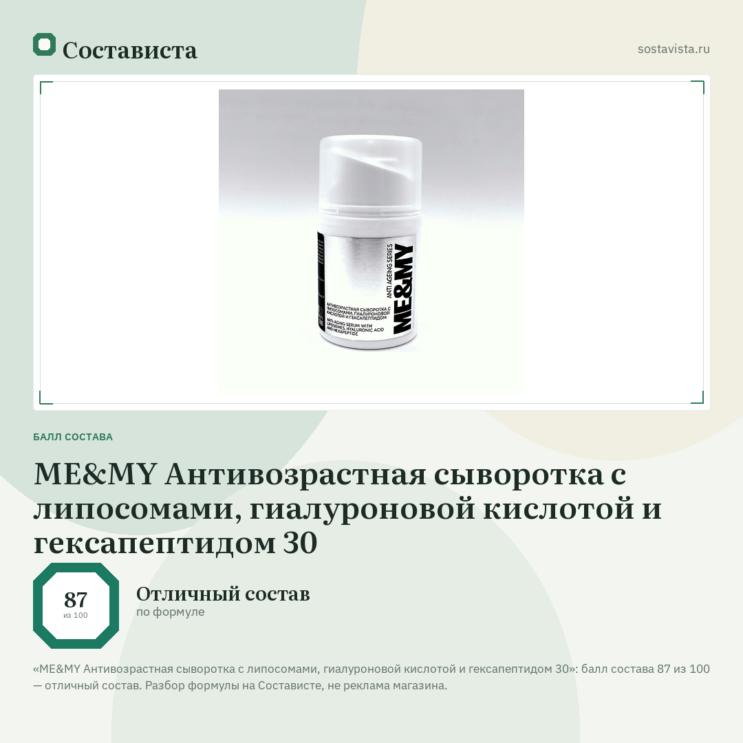 ME&MY Антивозрастная сыворотка с липосомами, гиалуроновой кислотой и гексапептидом 30: балл состава 87 из 100 — Состависта
