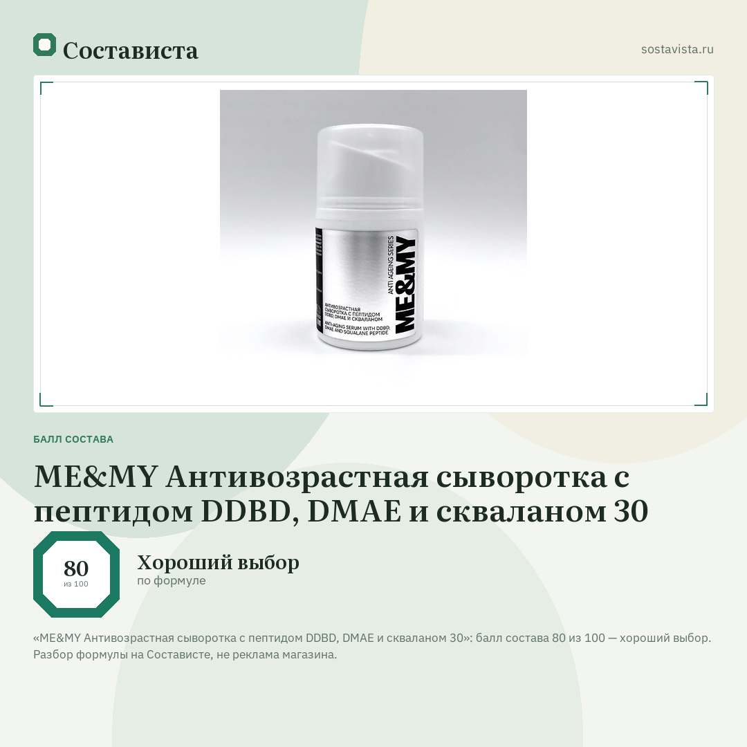 ME&MY Антивозрастная сыворотка с пептидом DDBD, DMAE и скваланом 30: балл состава 80 из 100 — Состависта