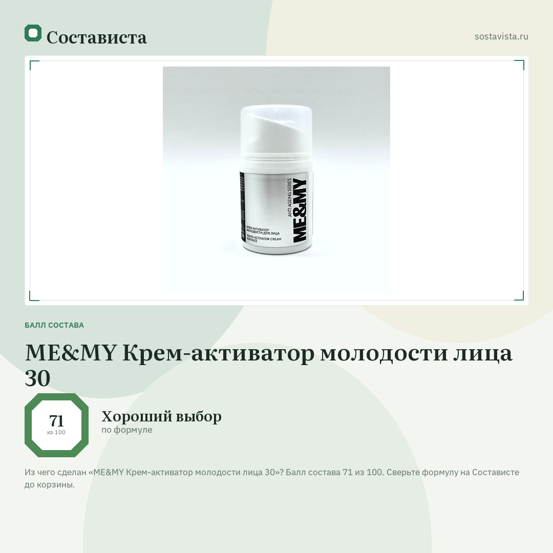 ME&MY Крем-активатор молодости лица 30: балл состава 71 из 100 — Состависта