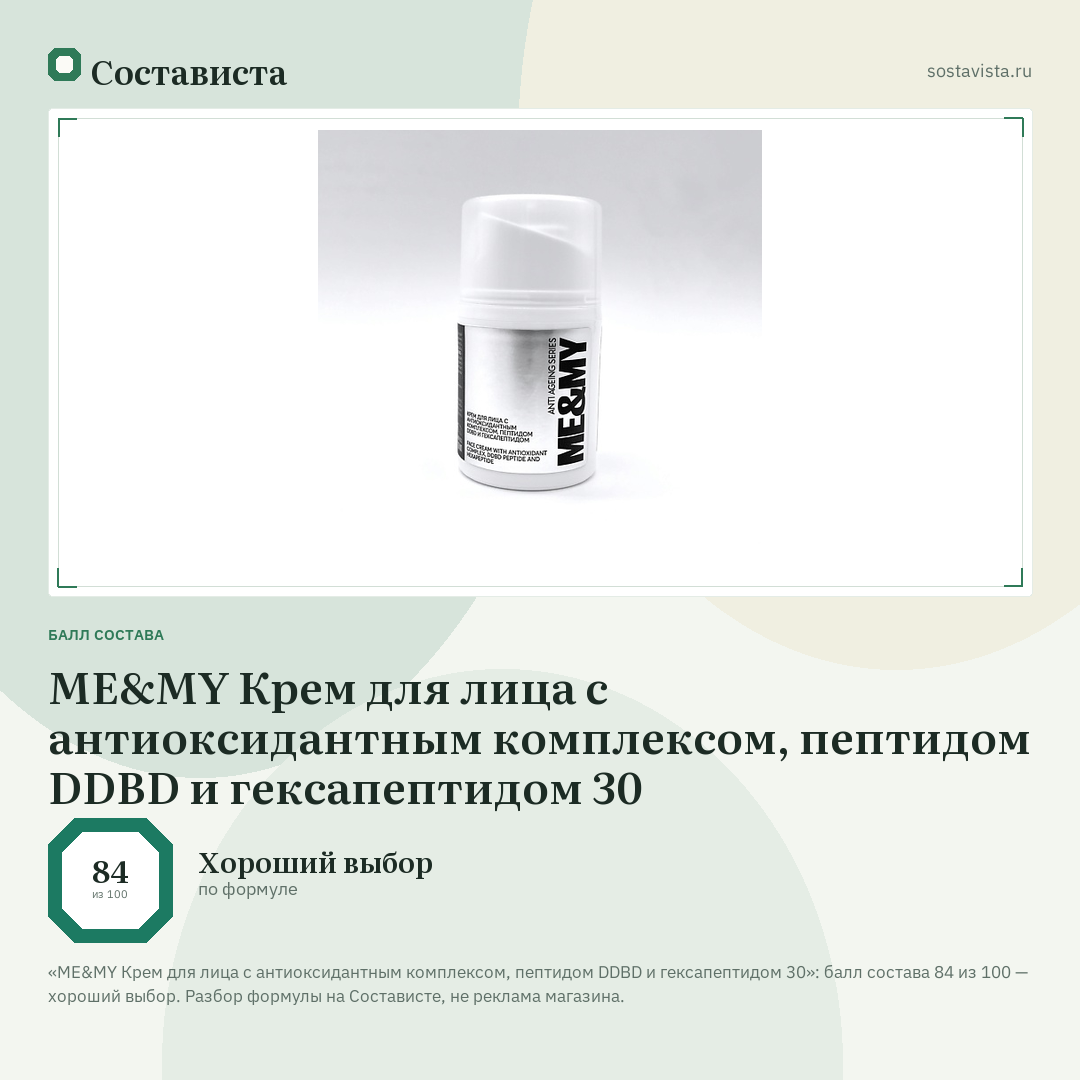 ME&MY Крем для лица с антиоксидантным комплексом, пептидом DDBD и гексапептидом 30: балл состава 84 из 100 — Состависта
