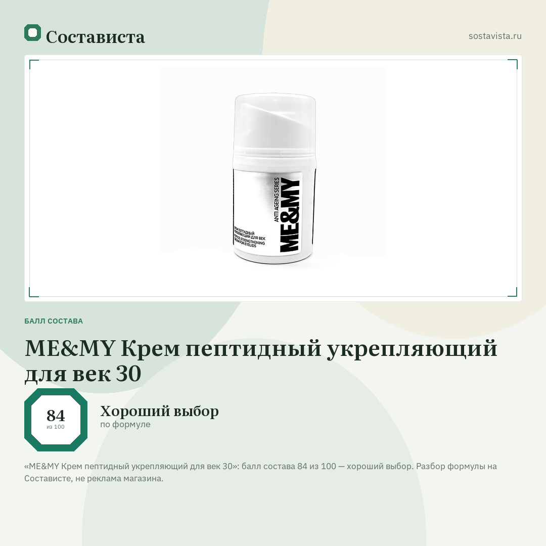 ME&MY Крем пептидный укрепляющий для век 30: балл состава 84 из 100 — Состависта
