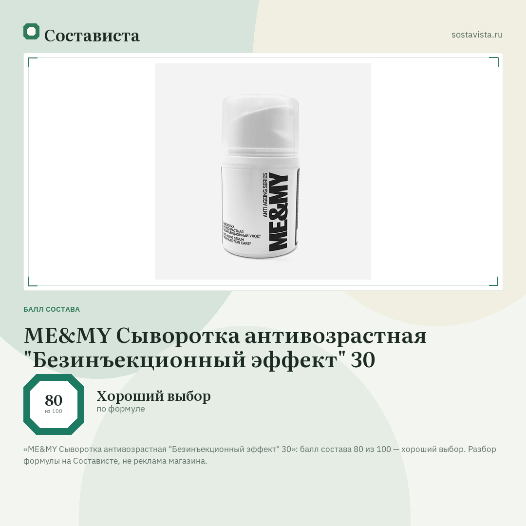 ME&MY Сыворотка антивозрастная "Безинъекционный эффект" 30: балл состава 80 из 100 — Состависта