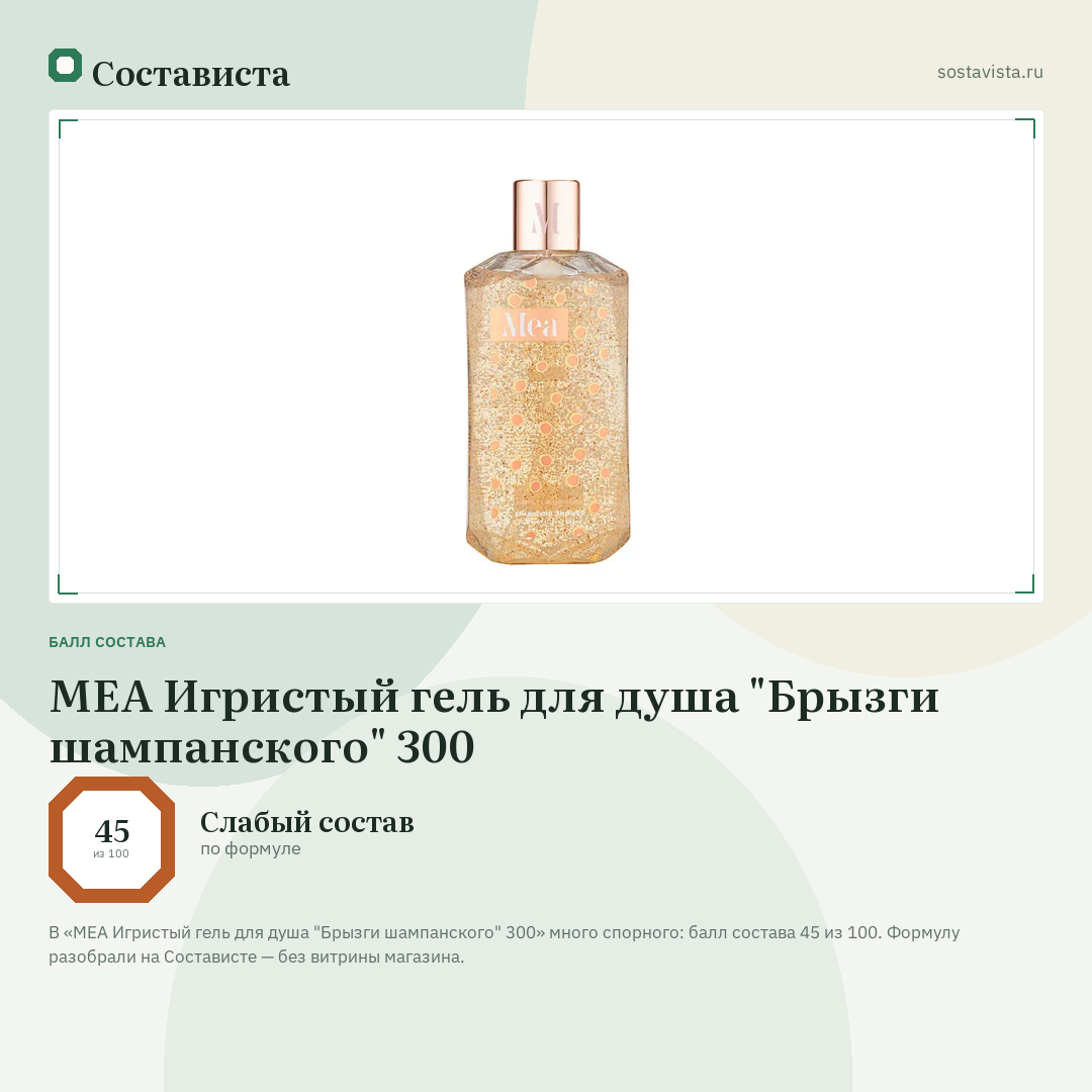 MEA Игристый гель для душа "Брызги шампанского" 300: балл состава 45 из 100 — Состависта