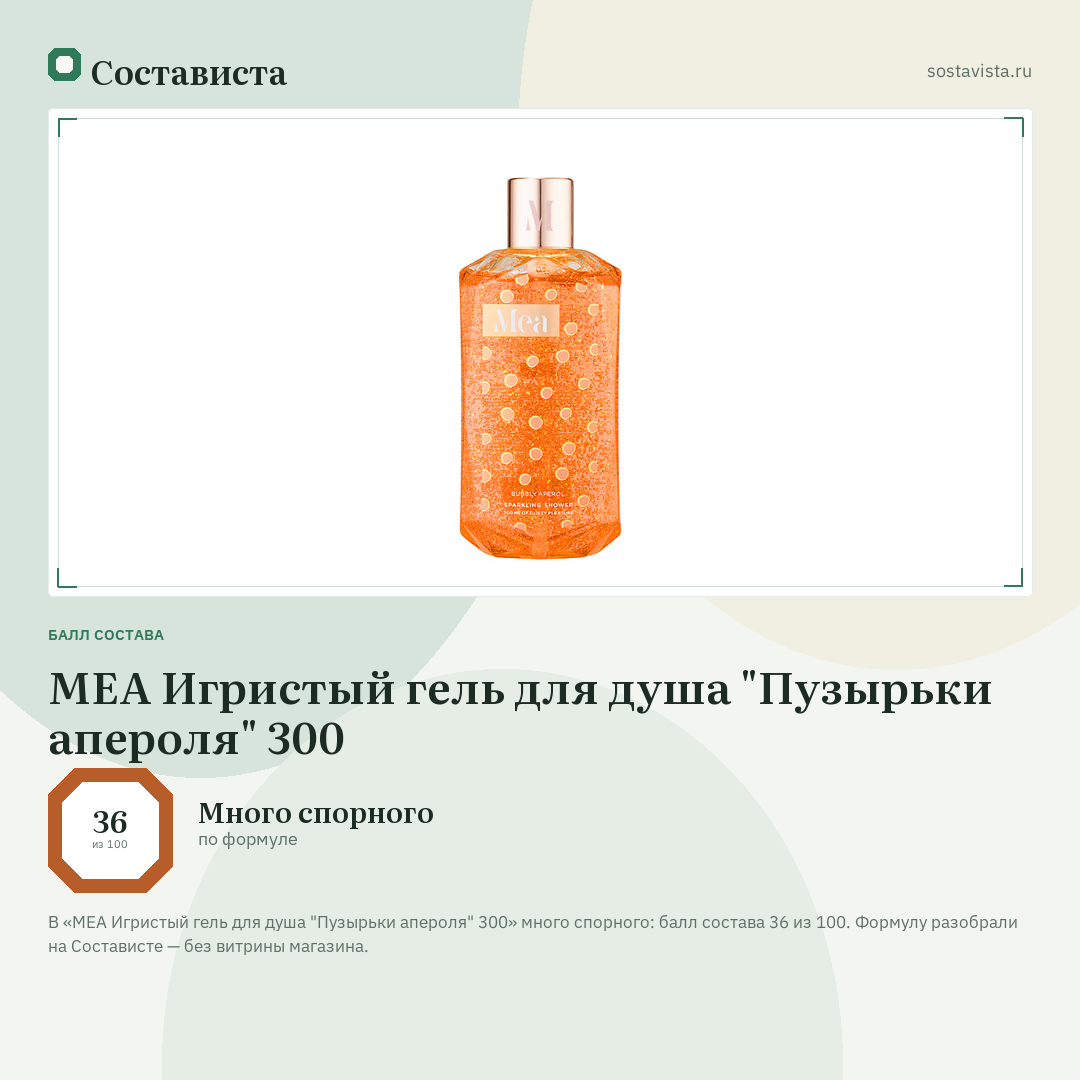 MEA Игристый гель для душа "Пузырьки апероля" 300: балл состава 36 из 100 — Состависта