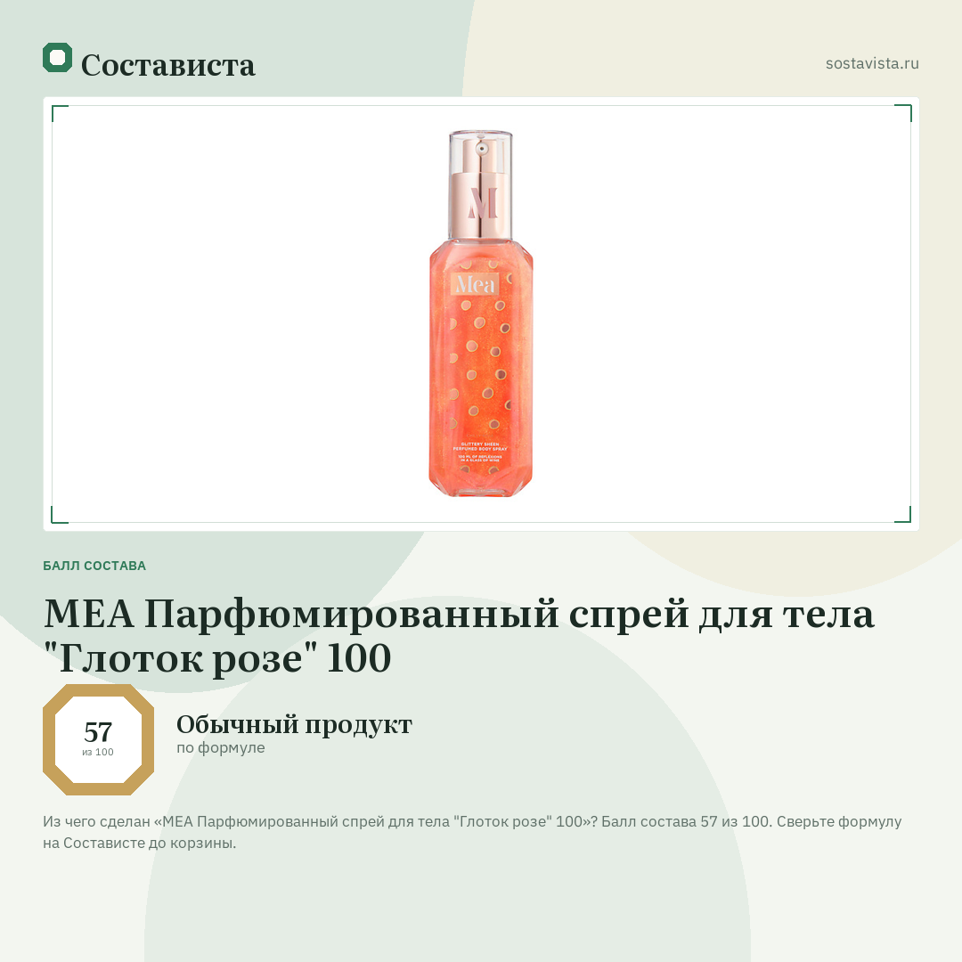 MEA Парфюмированный спрей для тела "Глоток розе" 100: балл состава 57 из 100 — Состависта