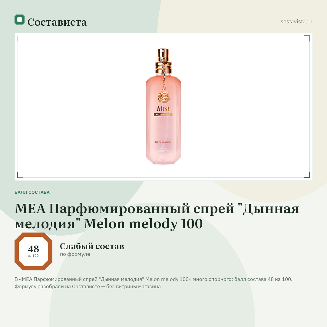 MEA Парфюмированный спрей "Дынная мелодия" Melon melody 100: балл состава 48 из 100 — Состависта