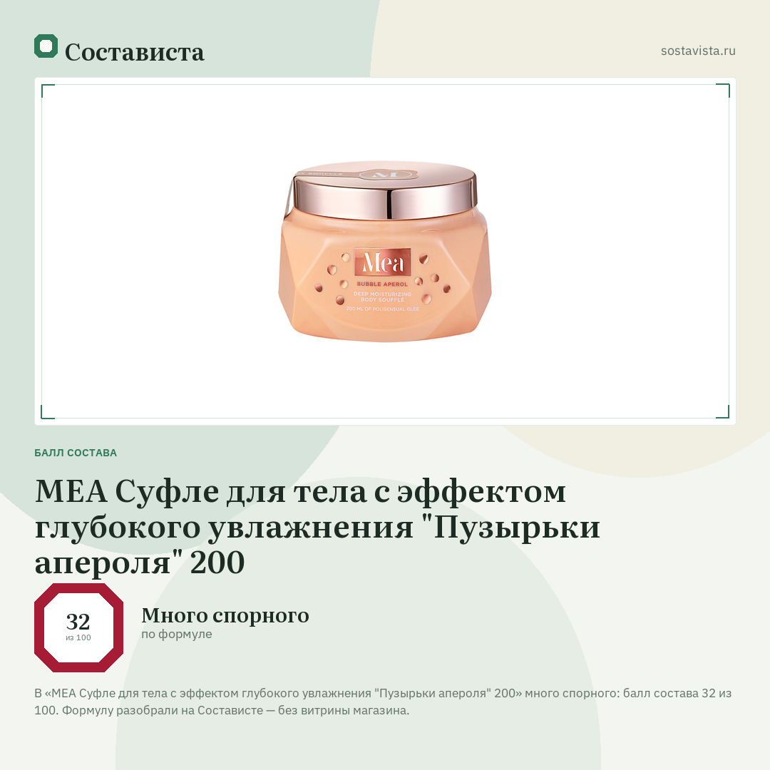 MEA Суфле для тела с эффектом глубокого увлажнения "Пузырьки апероля" 200: балл состава 32 из 100 — Состависта