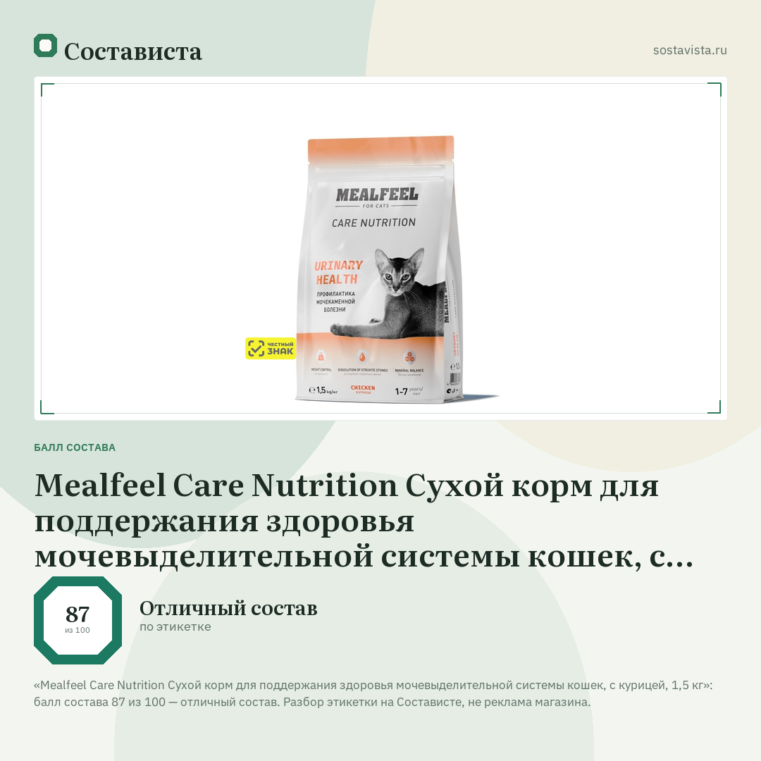 Mealfeel Care Nutrition Сухой корм для поддержания здоровья мочевыделительной системы кошек, с курицей, 1,5 кг: балл состава 87 из 100 — Состависта