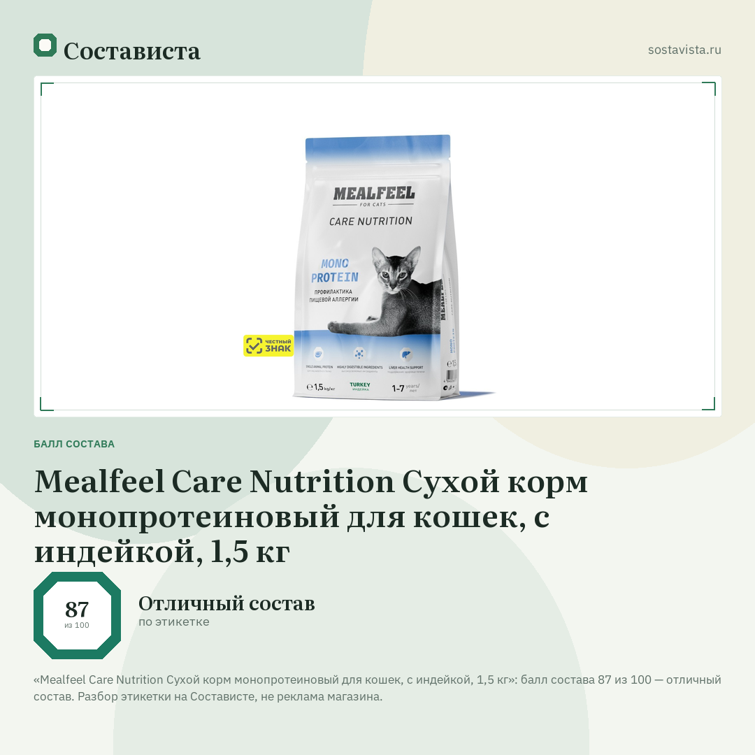 Mealfeel Care Nutrition Сухой корм монопротеиновый для кошек, с индейкой, 1,5 кг: балл состава 87 из 100 — Состависта