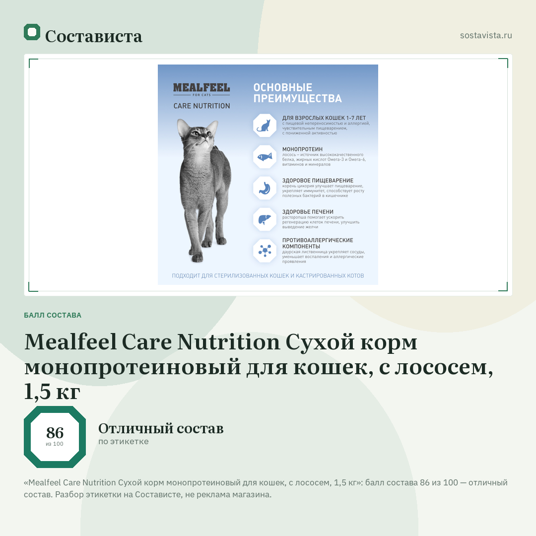 Mealfeel Care Nutrition Сухой корм монопротеиновый для кошек, с лососем, 1,5 кг: балл состава 86 из 100 — Состависта