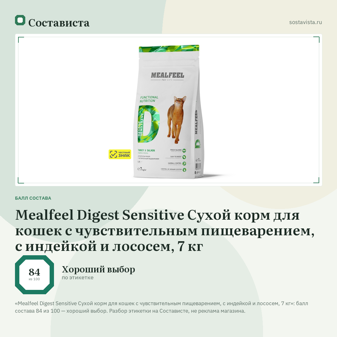 Mealfeel Digest Sensitive Сухой корм для кошек с чувствительным пищеварением, с индейкой и лососем, 7 кг: балл состава 84 из 100 — Состависта
