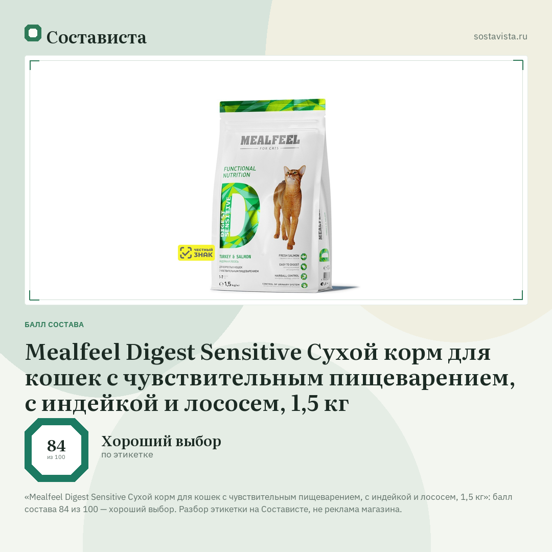 Mealfeel Digest Sensitive Сухой корм для кошек с чувствительным пищеварением, с индейкой и лососем, 1,5 кг: балл состава 84 из 100 — Состависта