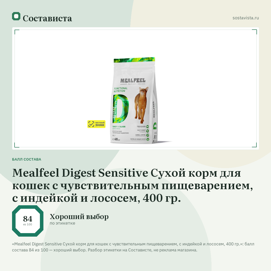 Mealfeel Digest Sensitive Сухой корм для кошек с чувствительным пищеварением, с индейкой и лососем, 400 гр.: балл состава 84 из 100 — Состависта